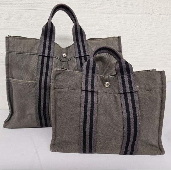 Hermes Canvas Fourre Tout Holdall MM and GM Tote Bag Set in Gray and Black - Picture 16 of 16